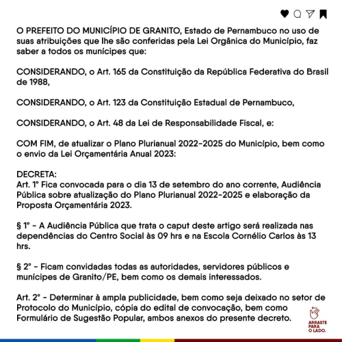 AUDIÊNCIA PÚBLICA - ORÇAMENTO PARTICIPATIVO DE ELABORAÇÃO DA LEI ORÇAMENTÁRIA – LOA 2023 e ALTERAÇÃO DO PLANO PLURIANUAL PPA 2022 a 2025.