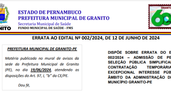 ERRATA II AO EDITAL Nº 002/2024, DE 12 DE JUNHO DE 2024.