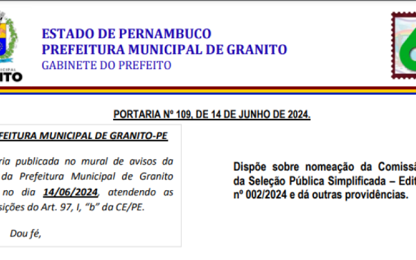 PORTARIA Nº 109, DE 14 DE JUNHO DE 2024.