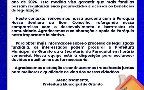 Prefeitura de Granito prorroga prazo para Regularização Fundiária no bairro Centro até 2026